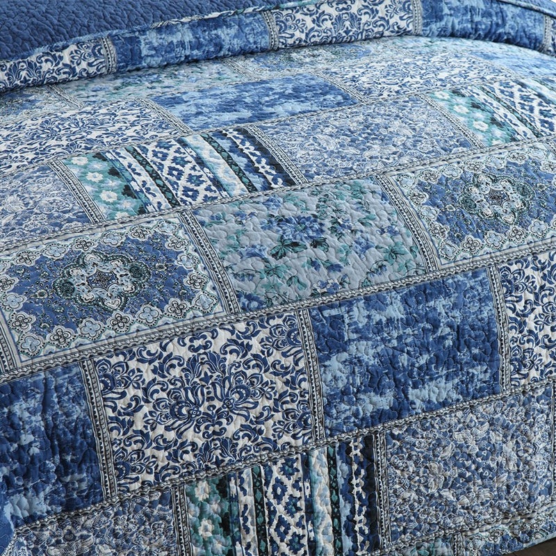 NEWLAKE Cotton Bedspread Quilt Sets-Reversible Patchwork Coverlet Set, Blue Classic Bohemian Pattern,Queen Size - Image 3